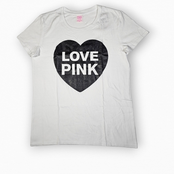 Victoria's Secret PINK T-Shirt Top Short Sleeve Campus Heart White Medium - Picture 2 of 6